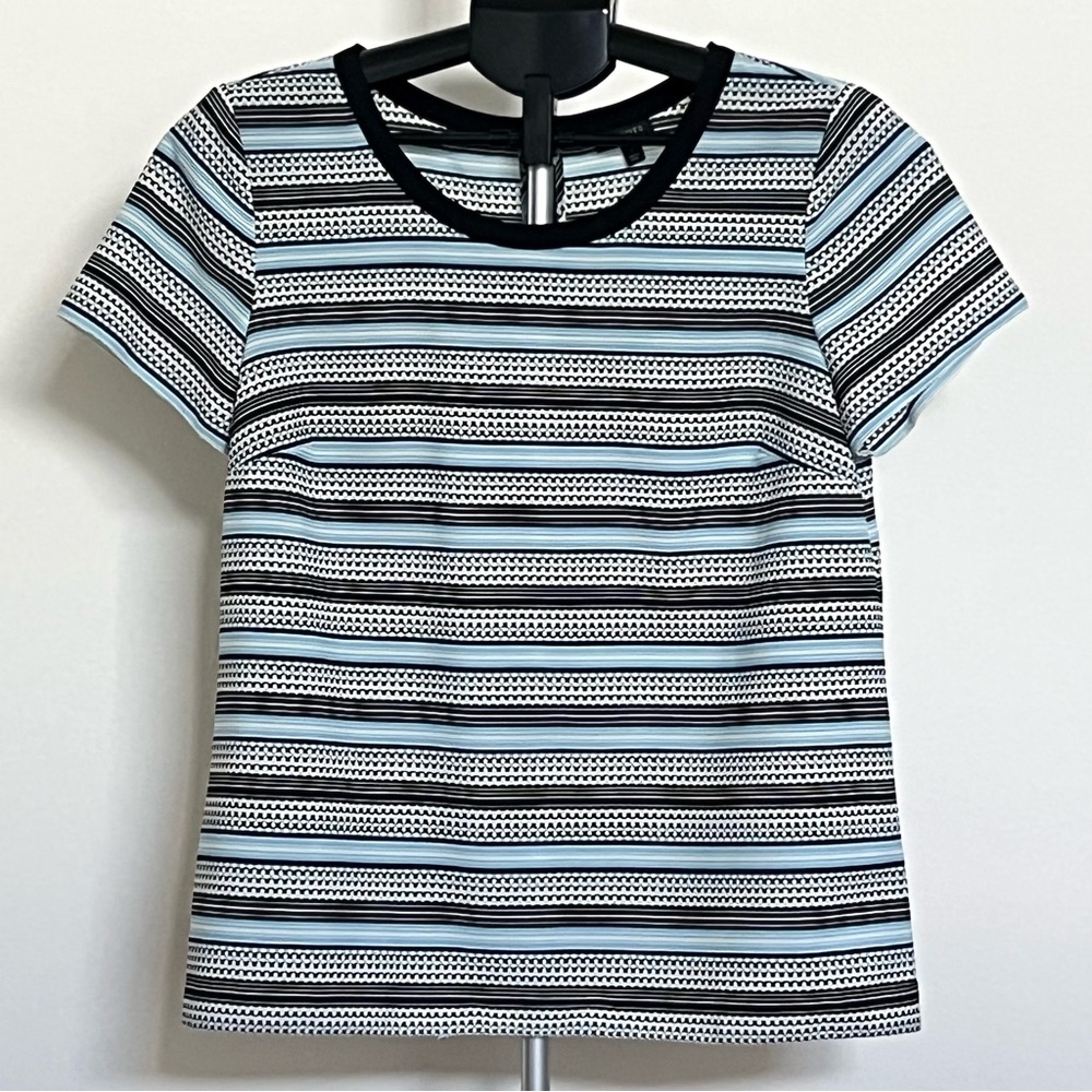 Talbots Striped Women's Short Sleeve Blouse Black & Blue With Back Zipper Size 8